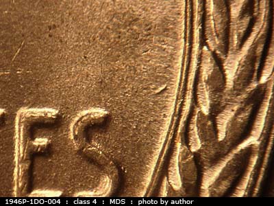 Die-stage B marker on 1946P•1DO•004 (1946 Doubled Die Obverse).