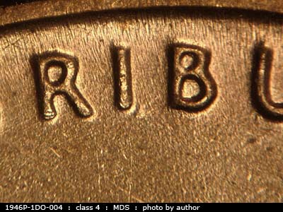 Die-stage B marker on 1946P•1DO•004 (1946 Doubled Die Obverse).