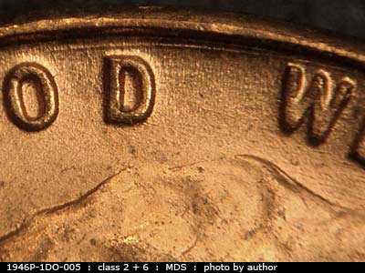 Die-stage B marker on 1946P•1DO•005 (1946 Doubled Die Obverse).