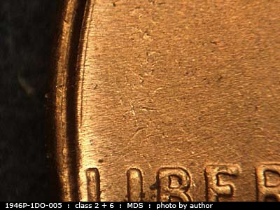 Die-stage B marker on 1946P•1DO•005 (1946 Doubled Die Obverse).