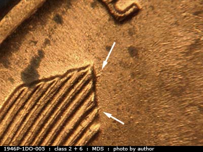 Die-stage B marker on 1946P•1DO•005 (1946 Doubled Die Obverse).