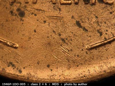 Die-stage B marker on 1946P•1DO•005 (1946 Doubled Die Obverse).