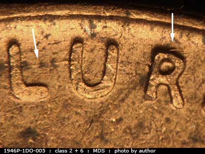 Die-stage B marker on 1946P•1DO•005 (1946 Doubled Die Obverse).