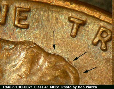 Die-stage B marker on 1946P•1DO•007 (1946 Doubled Die Obverse).
