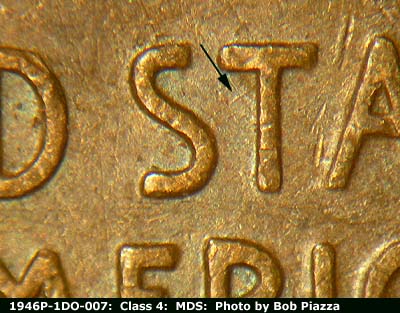 Die-stage B marker on 1946P•1DO•007 (1946 Doubled Die Obverse).