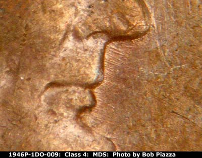 Die-stage B marker on 1946P•1DO•009 (1946 Doubled Die Obverse).
