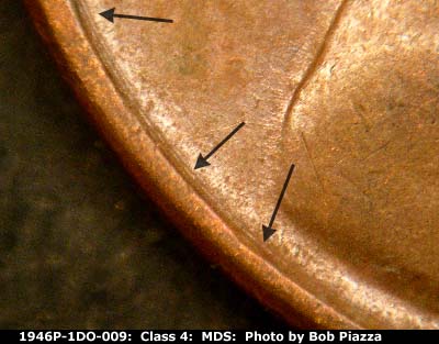 Die-stage B marker on 1946P•1DO•009 (1946 Doubled Die Obverse).