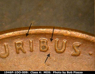 Die-stage B marker on 1946P•1DO•009 (1946 Doubled Die Obverse).
