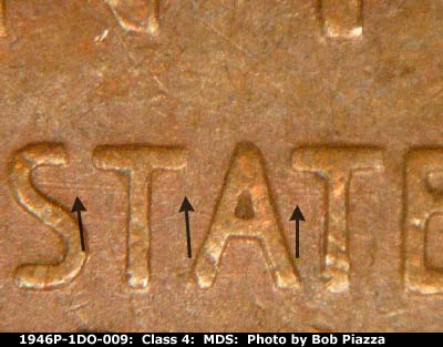 Die-stage B marker on 1946P•1DO•009 (1946 Doubled Die Obverse).