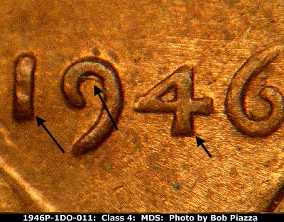 Die-stage B marker on 1946P•1DO•011 (1946 Doubled Die Obverse).
