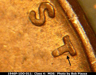 Die-stage B marker on 1946P•1DO•011 (1946 Doubled Die Obverse).