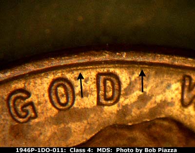 Die-stage B marker on 1946P•1DO•011 (1946 Doubled Die Obverse).