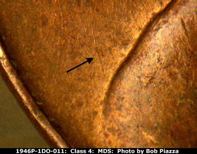Die-stage B marker on 1946P•1DO•011 (1946 Doubled Die Obverse).