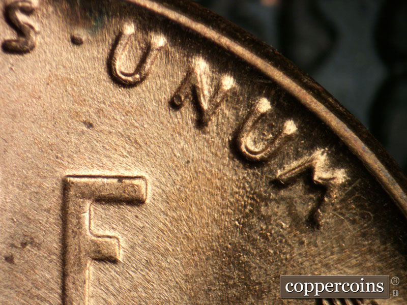 Die-stage C marker on 1946P•1DR•001 (1946 Doubled Die Reverse).