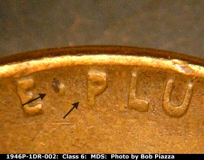 Die-stage B marker on 1946P•1DR•002 (1946 Doubled Die Reverse).