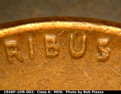 Die-stage B marker on 1946P•1DR•002 (1946 Doubled Die Reverse).