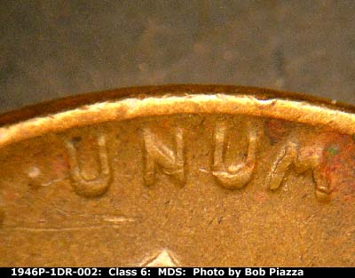 Die-stage B marker on 1946P•1DR•002 (1946 Doubled Die Reverse).