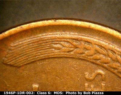 Die-stage B marker on 1946P•1DR•002 (1946 Doubled Die Reverse).
