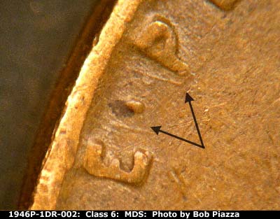 Die-stage B marker on 1946P•1DR•002 (1946 Doubled Die Reverse).