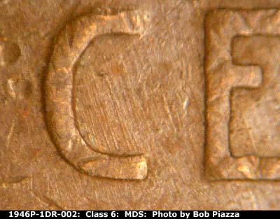 Die-stage B marker on 1946P•1DR•002 (1946 Doubled Die Reverse).