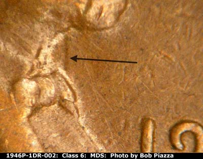 Die-stage B marker on 1946P•1DR•002 (1946 Doubled Die Reverse).