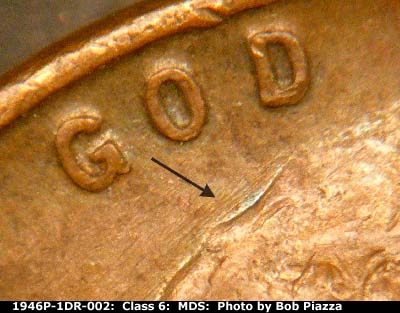 Die-stage B marker on 1946P•1DR•002 (1946 Doubled Die Reverse).