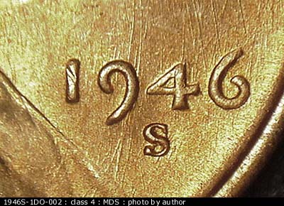 Die-stage B marker on 1946S•1DO•002 (1946 Doubled Die Obverse).