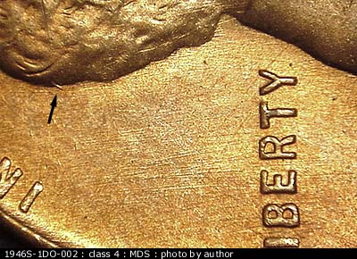 Die-stage B marker on 1946S•1DO•002 (1946 Doubled Die Obverse).