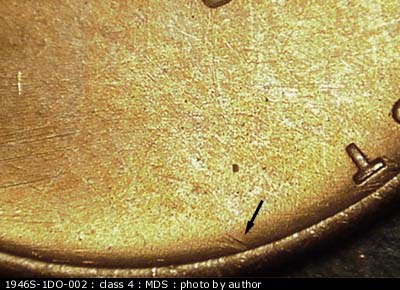 Die-stage B marker on 1946S•1DO•002 (1946 Doubled Die Obverse).
