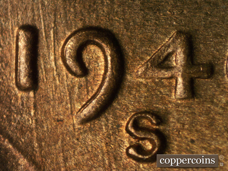 1946 Lincoln cent obverse, CopperCoins die 1946S•1DO•003.