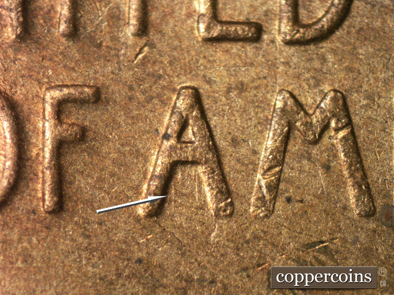 Die-stage B marker on 1946S•1DO•003 (1946 Doubled Die Obverse).