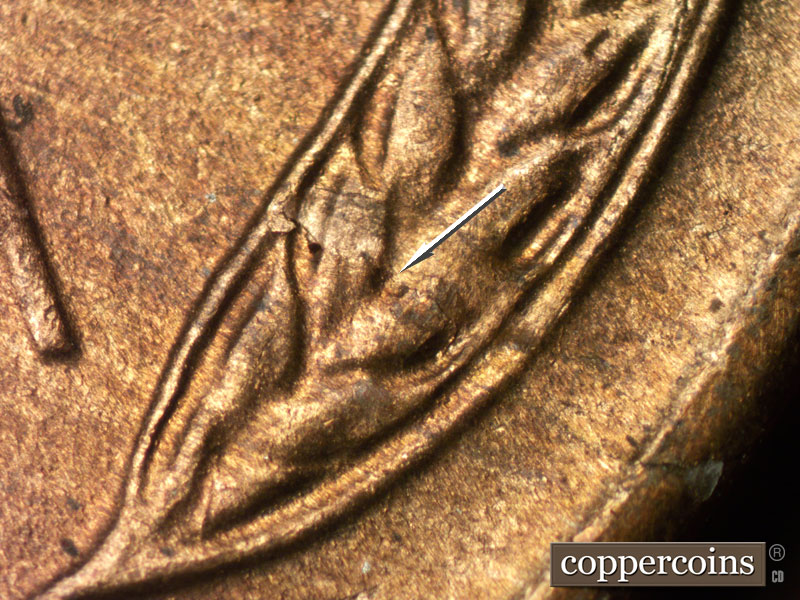 Die-stage B marker on 1946S•1DO•003 (1946 Doubled Die Obverse).