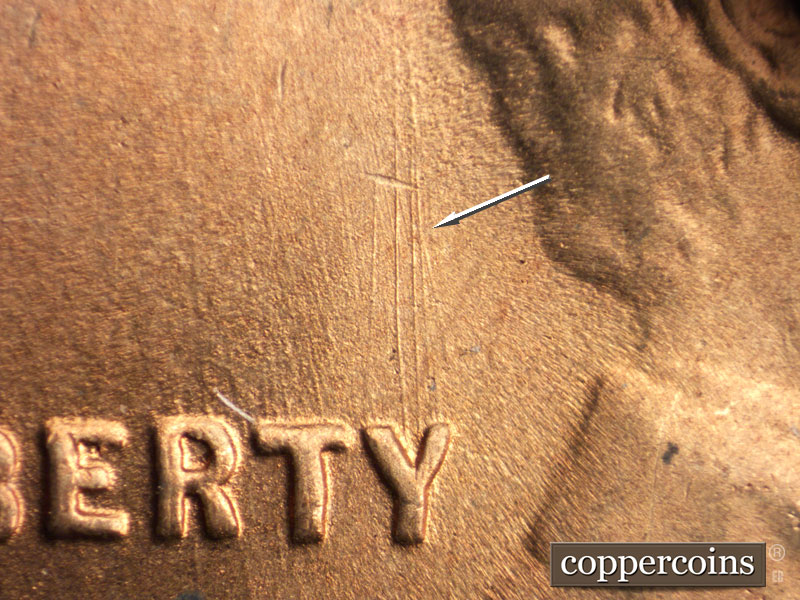 Die-stage B marker on 1946S•1DO•005 (1946 Doubled Die Obverse).