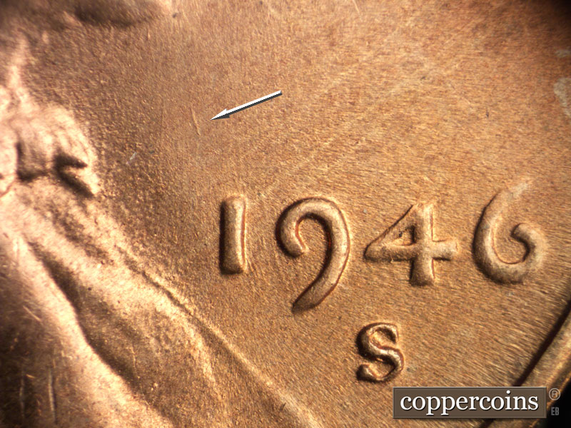 Die-stage B marker on 1946S•1DO•005 (1946 Doubled Die Obverse).