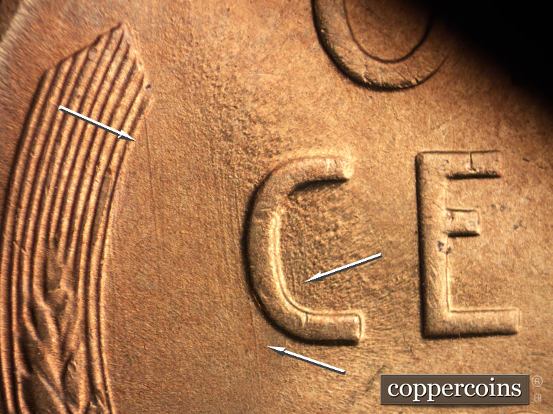 Die-stage B marker on 1946S•1DO•005 (1946 Doubled Die Obverse).