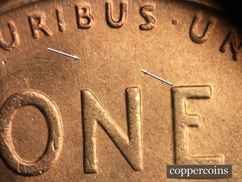 Die-stage B marker on 1946S•1DO•005 (1946 Doubled Die Obverse).