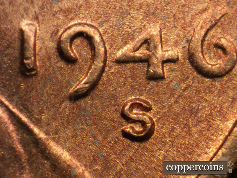 1946 Lincoln cent obverse, CopperCoins die 1946S•1DO•006.