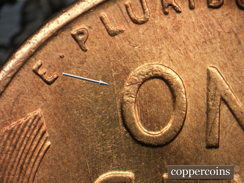 Die-stage B marker on 1946S•1DO•006 (1946 Doubled Die Obverse).