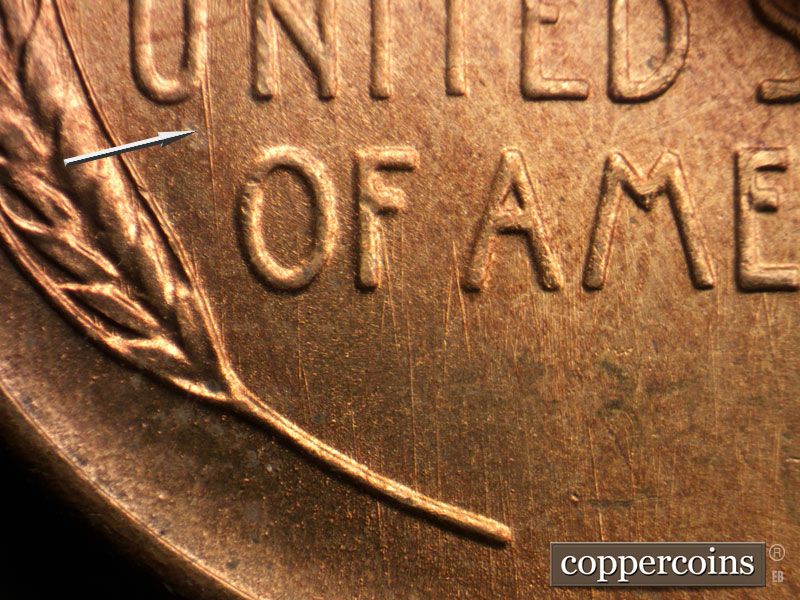 Die-stage B marker on 1946S•1DO•006 (1946 Doubled Die Obverse).