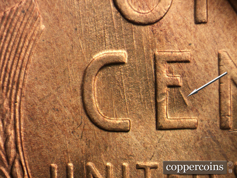Die-stage B marker on 1946S•1DO•006 (1946 Doubled Die Obverse).