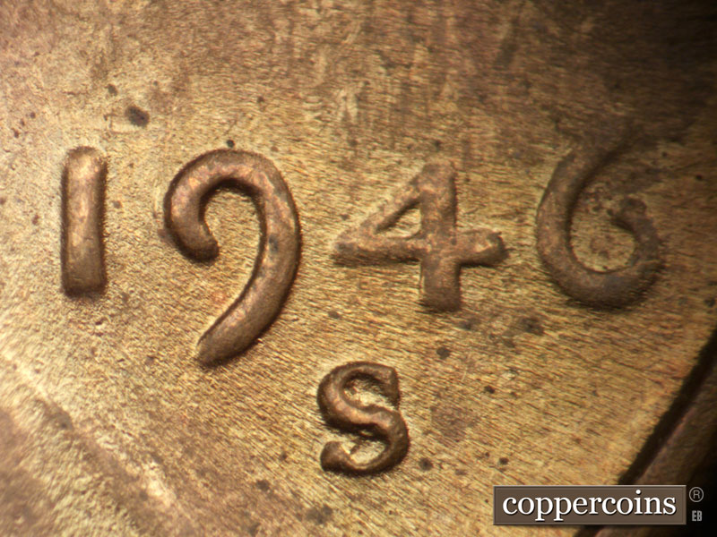 1946 Lincoln cent obverse, CopperCoins die 1946S•1DO•007.