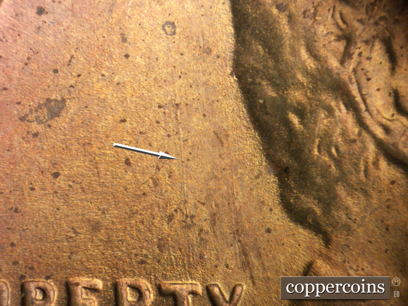 Die-stage B marker on 1946S•1DO•007 (1946 Doubled Die Obverse).