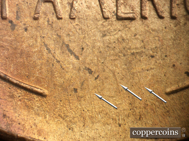 Die-stage B marker on 1946S•1DO•007 (1946 Doubled Die Obverse).