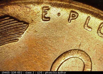 Die-stage C marker on 1946S•1DR•002 (1946 Doubled Die Reverse).