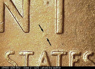 Die-stage C marker on 1946S•1DR•002 (1946 Doubled Die Reverse).