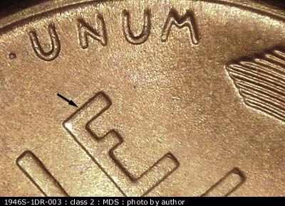 Die-stage B marker on 1946S•1DR•003 (1946 Doubled Die Reverse).