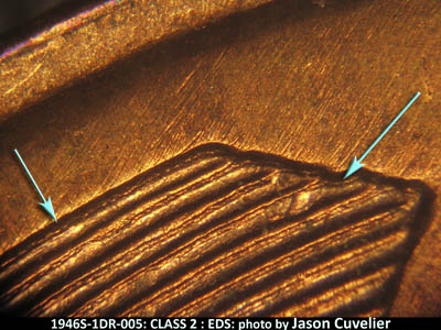 Die-stage A marker on 1946S•1DR•005 (1946 Doubled Die Reverse).
