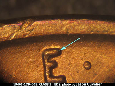 Die-stage A marker on 1946S•1DR•005 (1946 Doubled Die Reverse).