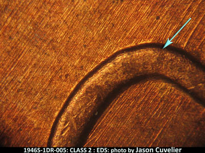 Die-stage A marker on 1946S•1DR•005 (1946 Doubled Die Reverse).