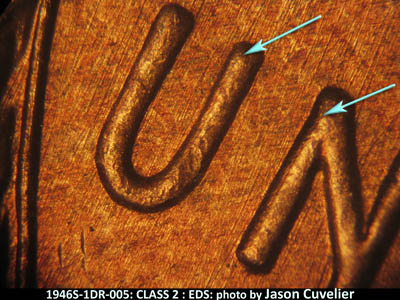 Die-stage A marker on 1946S•1DR•005 (1946 Doubled Die Reverse).
